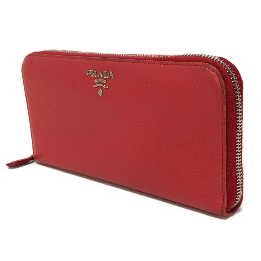Prada Long Wallet Purse 1Ml506 2E8V F001 Calf Leather Rosso Red Zip Around Logo Metal Vitello