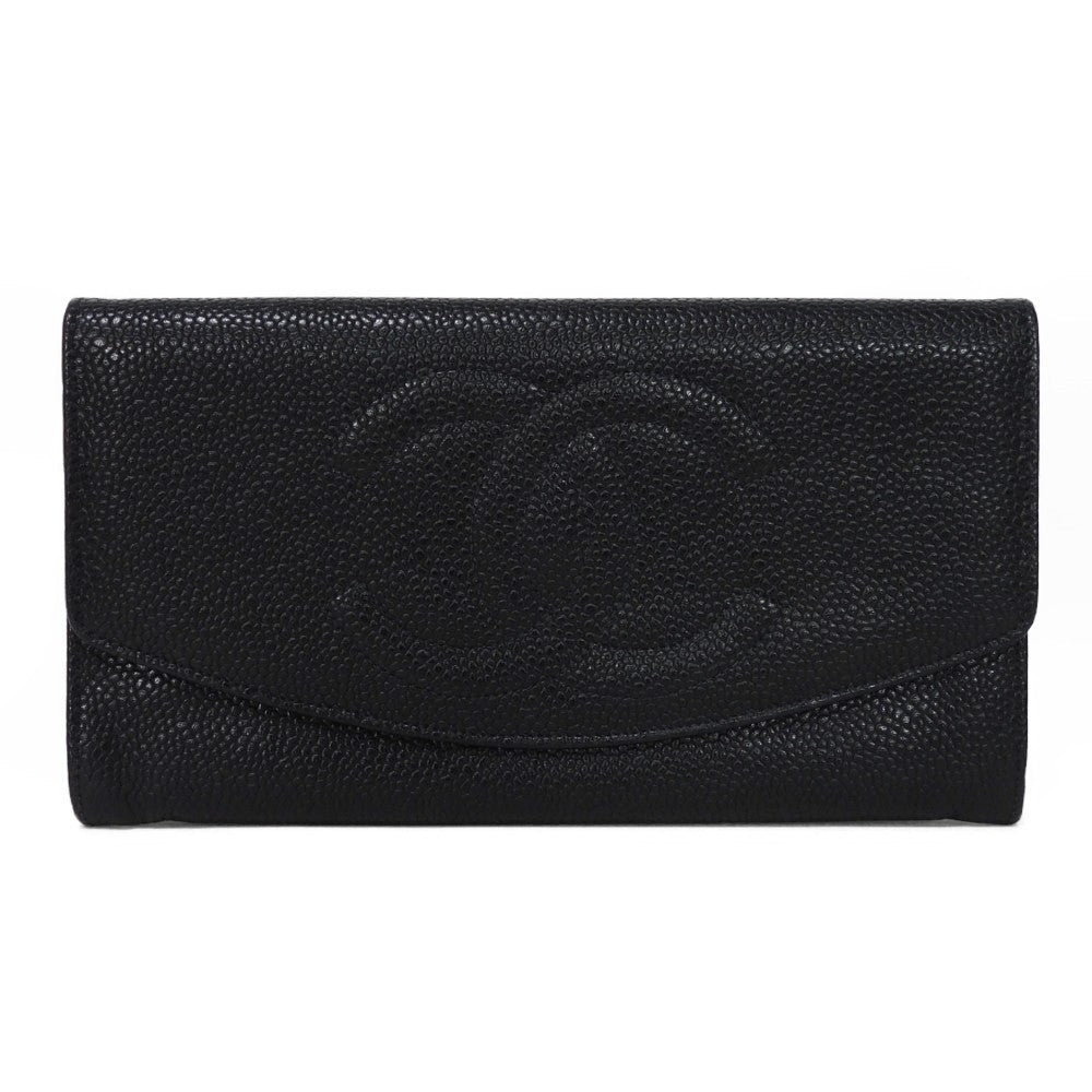 Chanel Long Wallet Purse A01434 Caviar Skin Black Coco Mark Cc Mark 4Th Series Vintage Big Coco