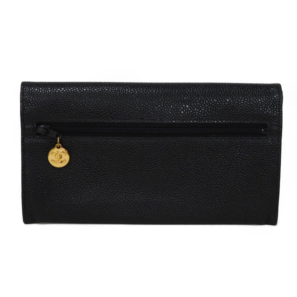 Chanel Long Wallet Purse A01434 Caviar Skin Black Coco Mark Cc Mark 4Th Series Vintage Big Coco