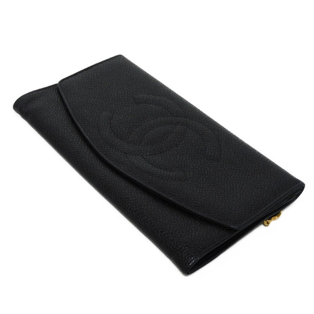 Chanel Long Wallet Purse A01434 Caviar Skin Black Coco Mark Cc Mark 4Th Series Vintage Big Coco