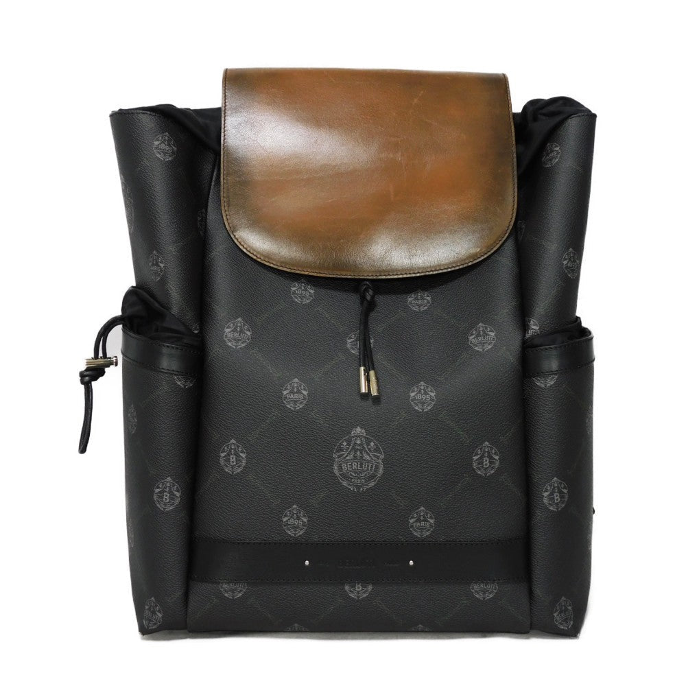 Berluti Backpack Signature Canvas X Venezia Calf Leather Black New Logo Emblem Signature Cocoa