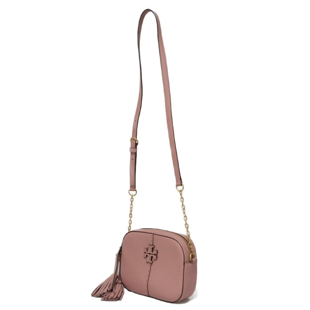 Tory Burch Shoulder Bag 64447 Pebble Leather (Embossed) Pink Tassel Fringe Chainshoulder Double T