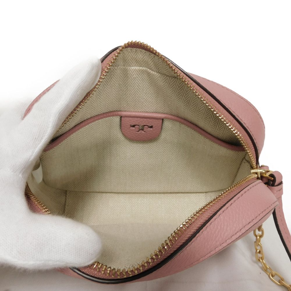Tory Burch Shoulder Bag 64447 Pebble Leather (Embossed) Pink Tassel Fringe Chainshoulder Double T