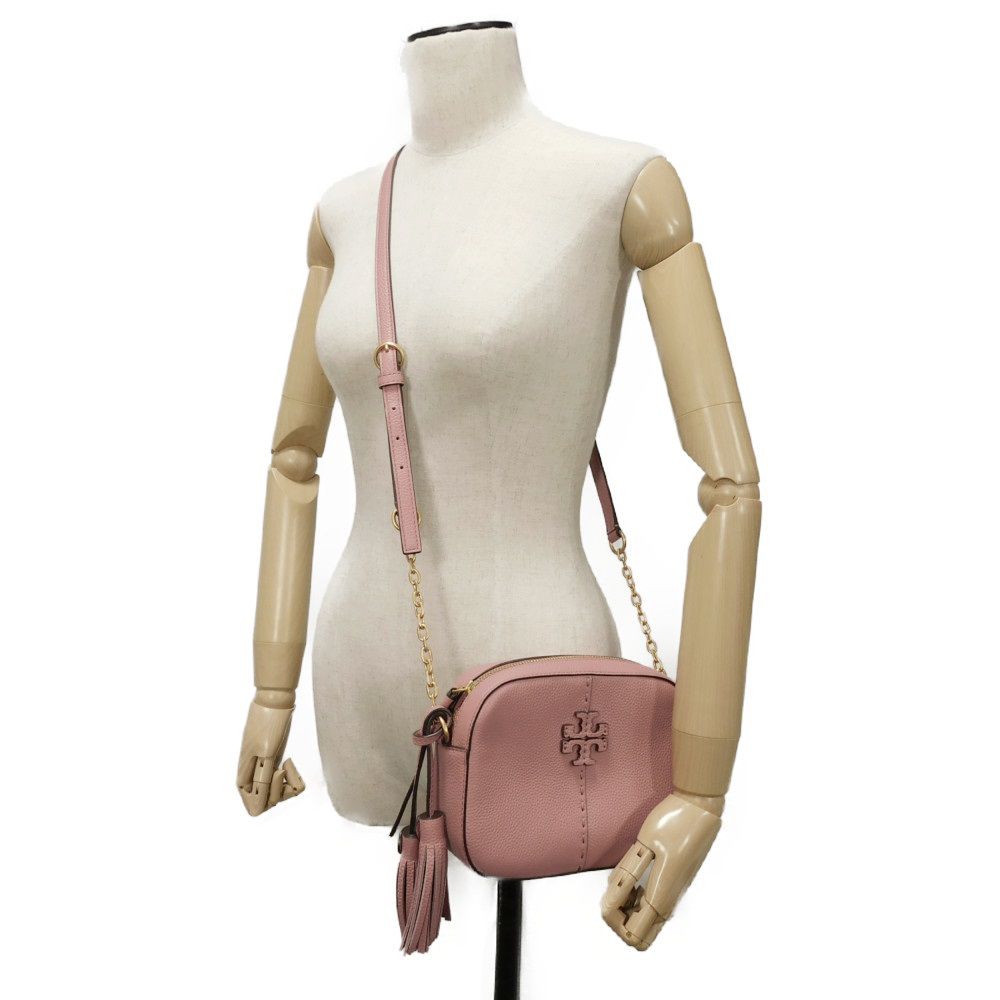 Tory Burch Shoulder Bag 64447 Pebble Leather (Embossed) Pink Tassel Fringe Chainshoulder Double T
