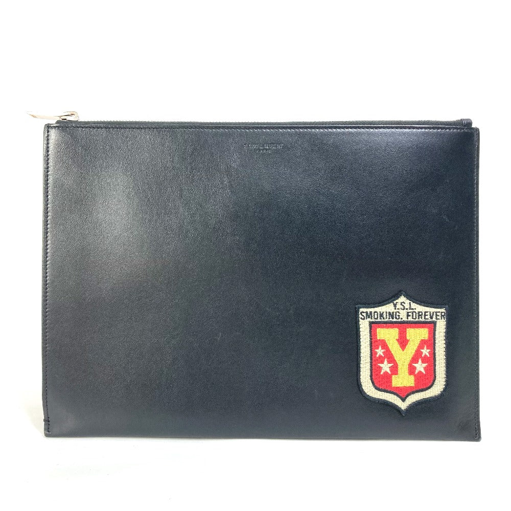 Saint Laurent Paris Clutch Bag 397295 Leather Black Pouch Logo Patch Mens