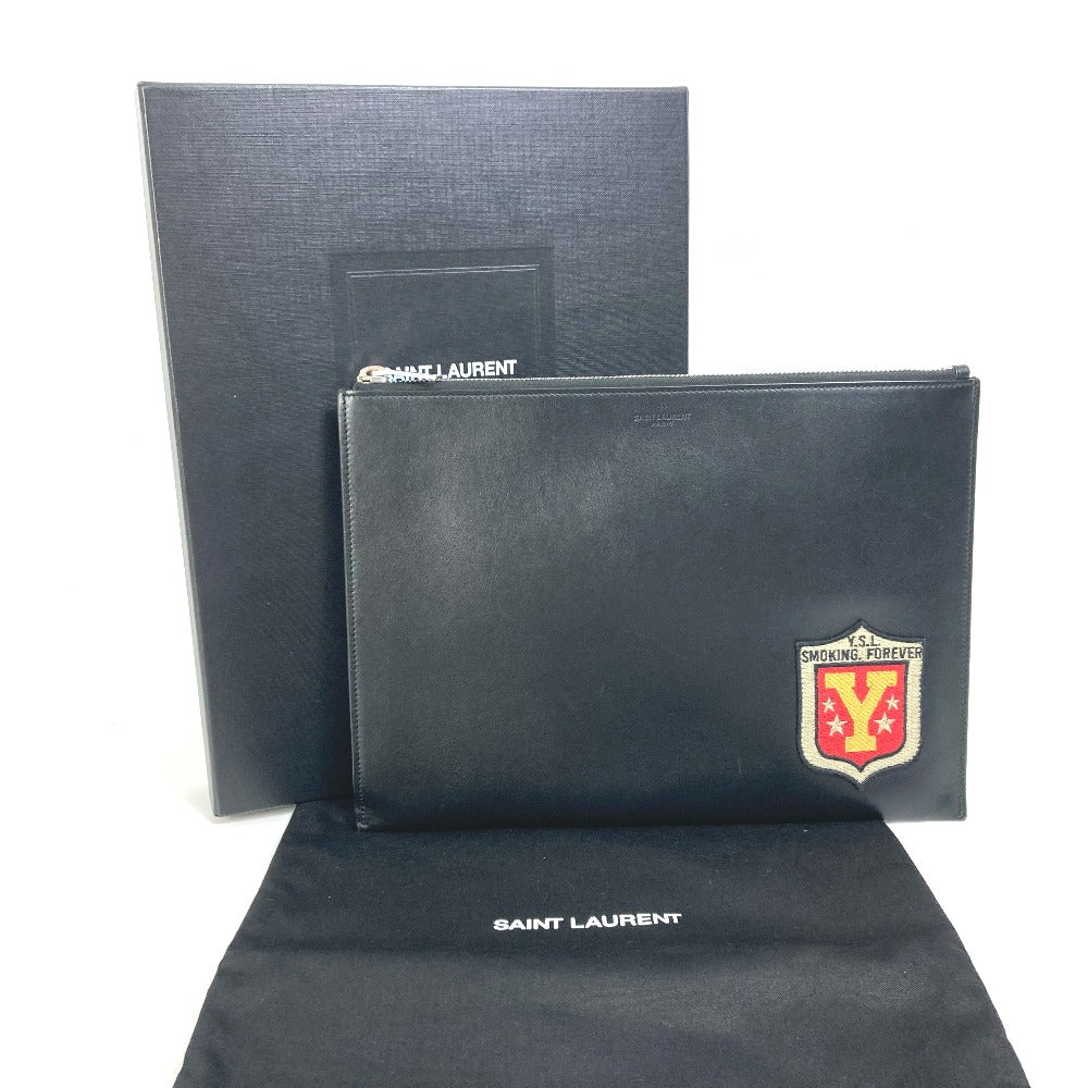 Saint Laurent Paris Clutch Bag 397295 Leather Black Pouch Logo Patch Mens
