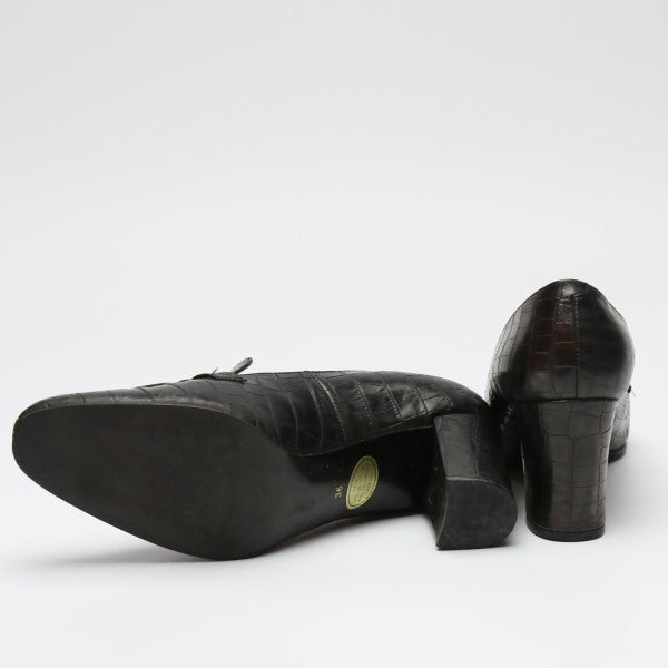 Yves Saint Laurent Pumps Leather Black Ysl Embossing Women 36