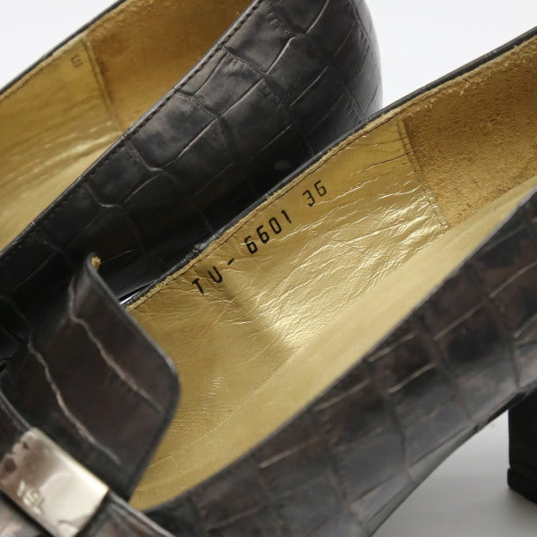Yves Saint Laurent Pumps Leather Black Ysl Embossing Women 36