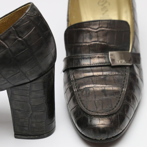 Yves Saint Laurent Pumps Leather Black Ysl Embossing Women 36