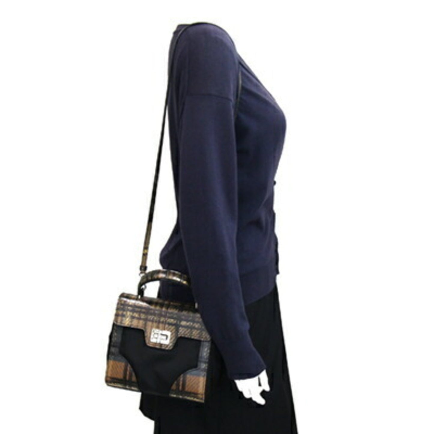 Prada Handbag 1Ba014 Black Brown Nylon Leather Shoulder Bag Check