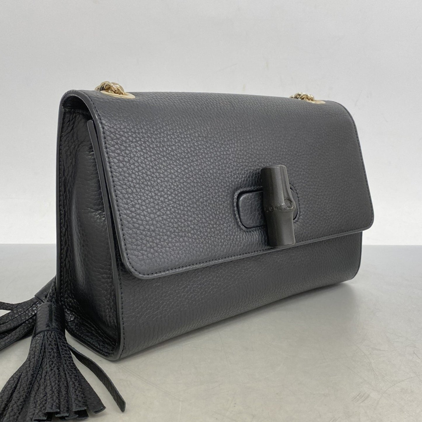 Gucci Bamboo Shoulder Bag 387611 Leather Black Champagne
