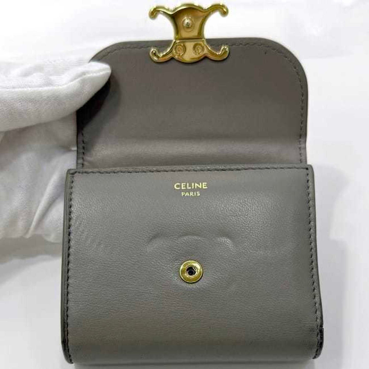 Celine Tri-Fold Wallet Ec-23083 Beige Triomphe Leather S-At-3261/S-Fg-3281 Celine Compact Metal