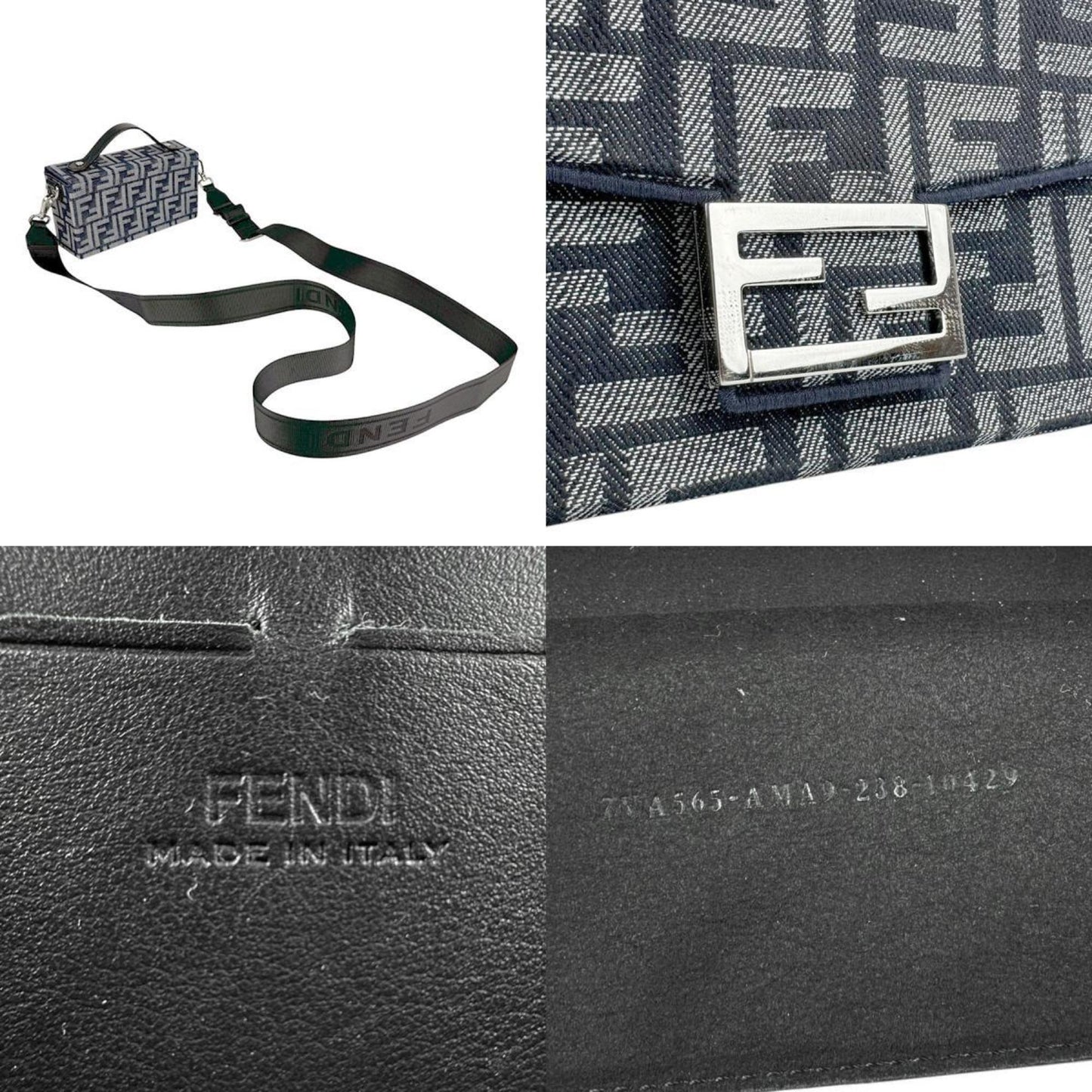 Fendi Shoulder Bag Handbag Baguette Soft Trunk Canvas Navy Silver