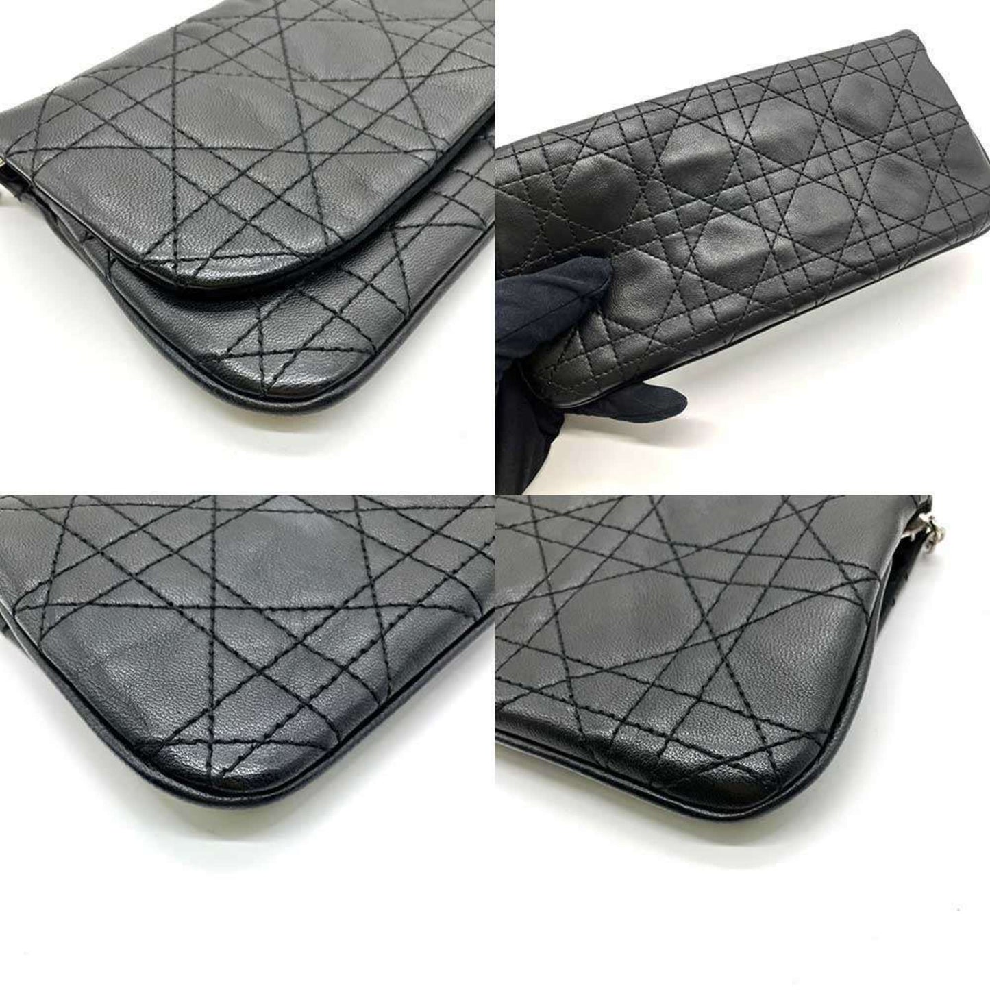 Christian Dior Chain Wallet Pouch Cannage Lambskin Black