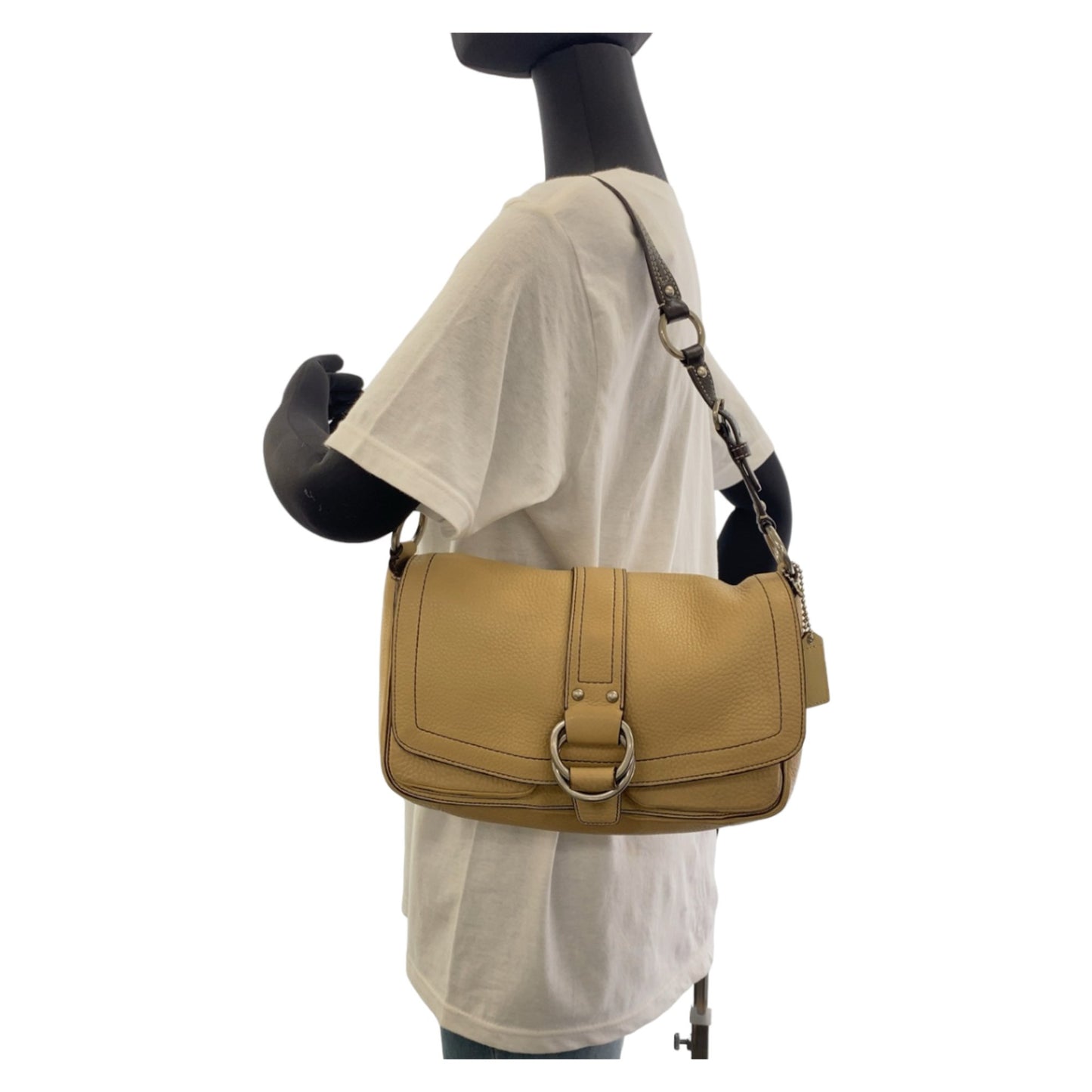 Coach Beige Brown Silver Hardware Leather Shoulder Bag