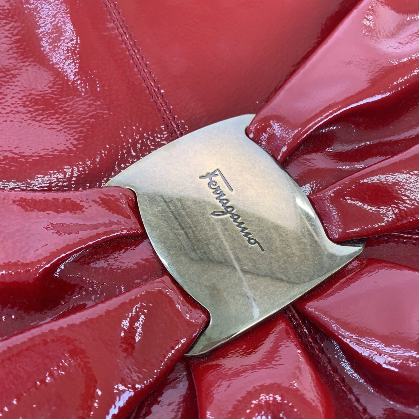 Salvatore Ferragamo Vara Red Gold Hardware Patent Leather Hobo Shoulder Bag Handbag 2Way