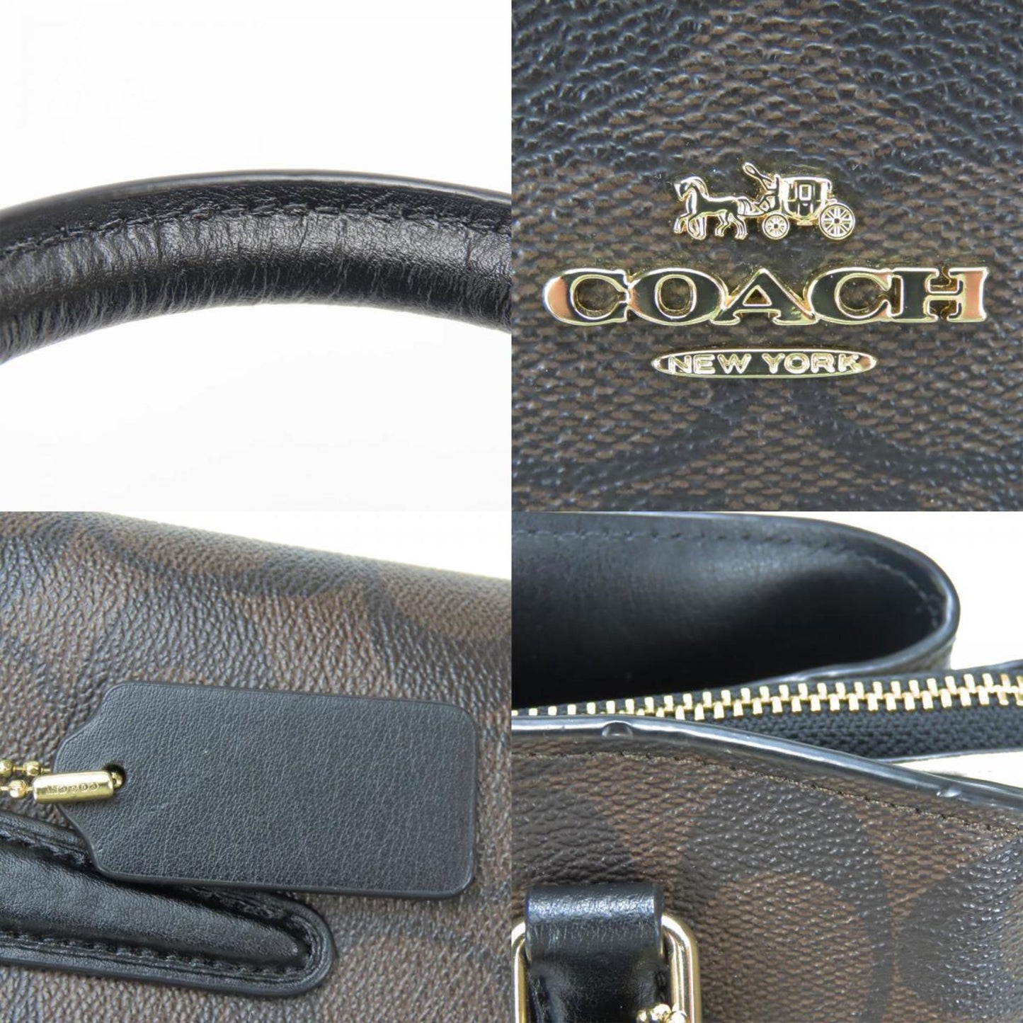 Coach Shoulder Bag F50054 Signature Leather Dark Brown Black Ivory Handbag