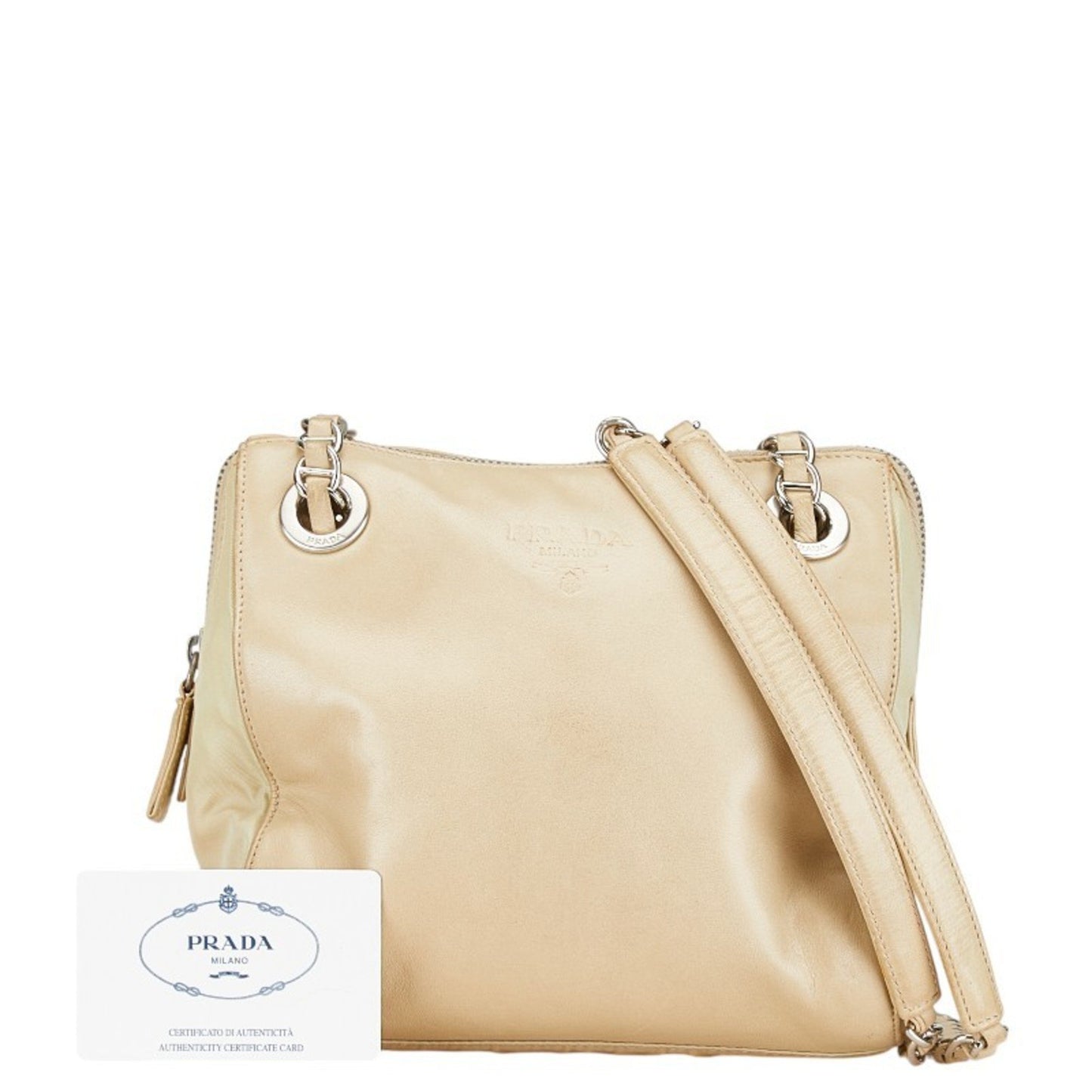 Prada Chain Shoulder Bag B4590 Beige Lino Leather Nylon