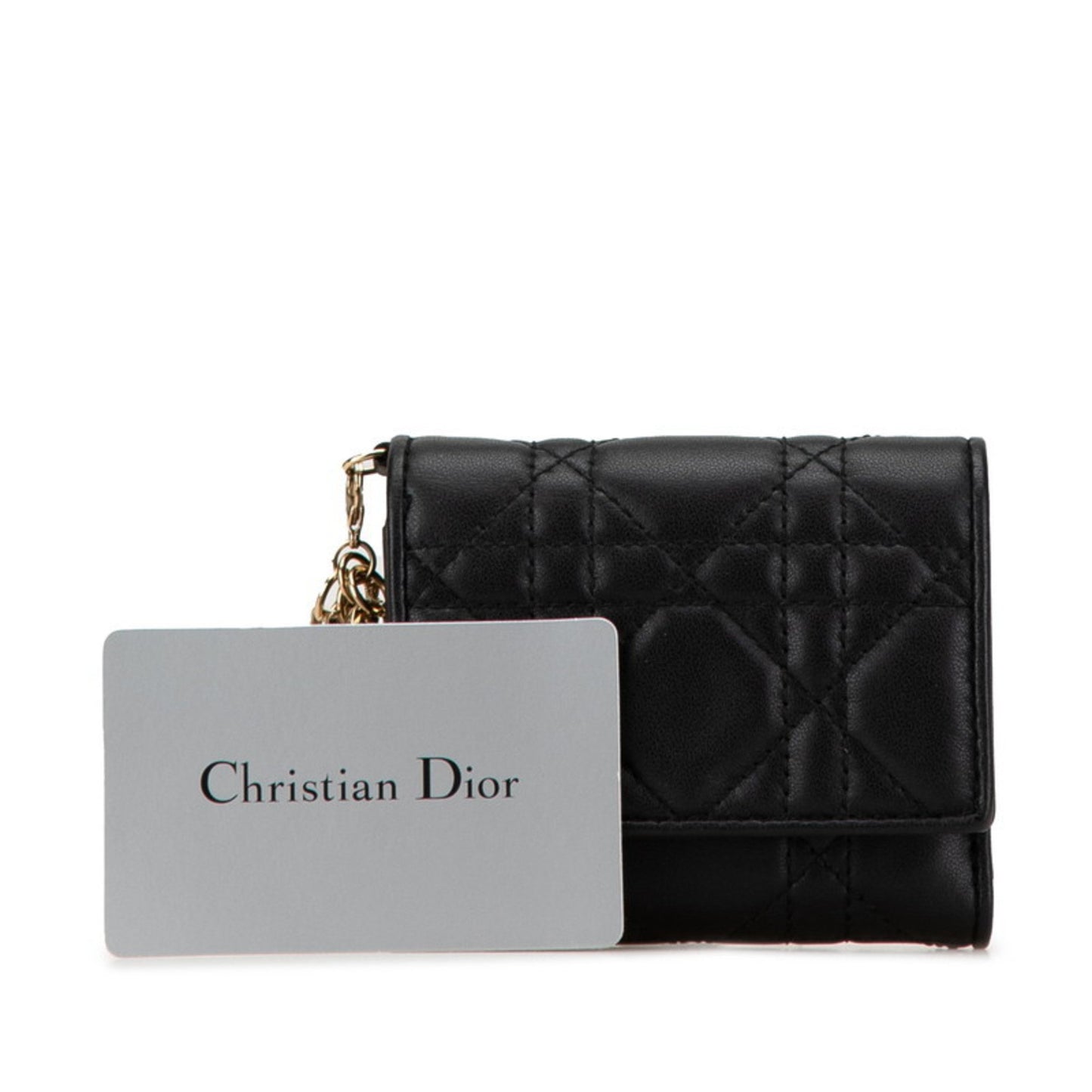 Christian Dior Dior Cannage Tri-Fold Wallet Compact Black Leather