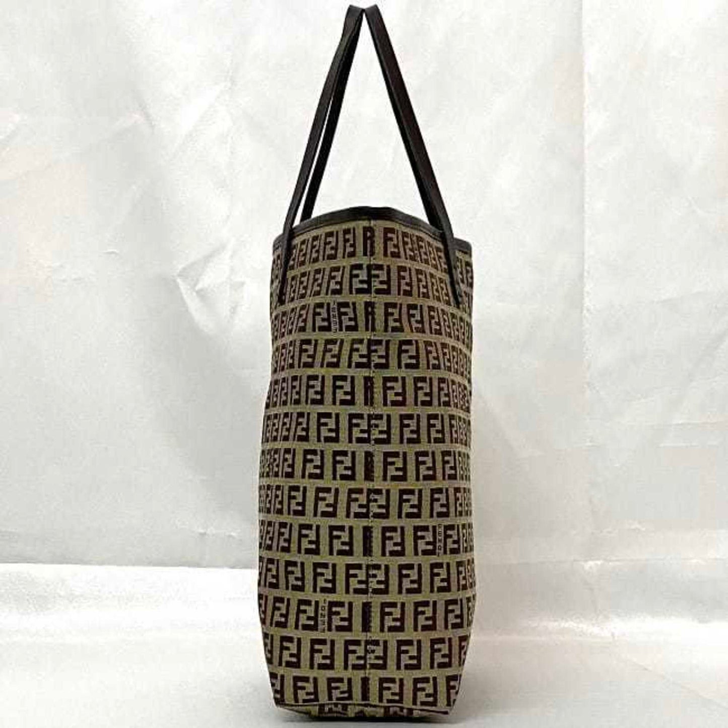 Fendi Tote Bag Ec-21844 Beige Brown Zucchino Canvas Leather Fendi Ff