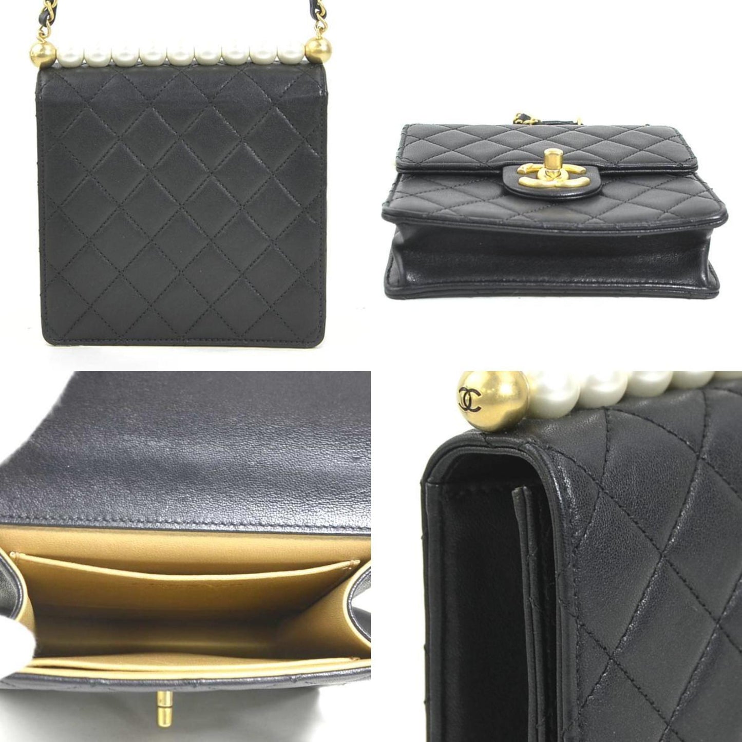 Chanel Shoulder Bag Matelasse Leather Faux Pearl Black Off-White Gold