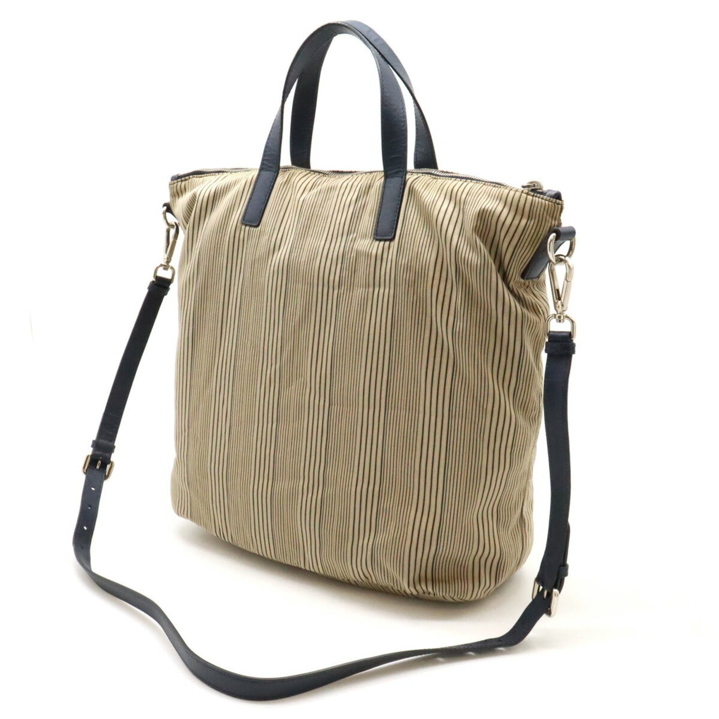 Prada Prada Tote Bag Handbag Shoulder Stripe Canvas Leather Beige Purchased At A Domestic Outlet
