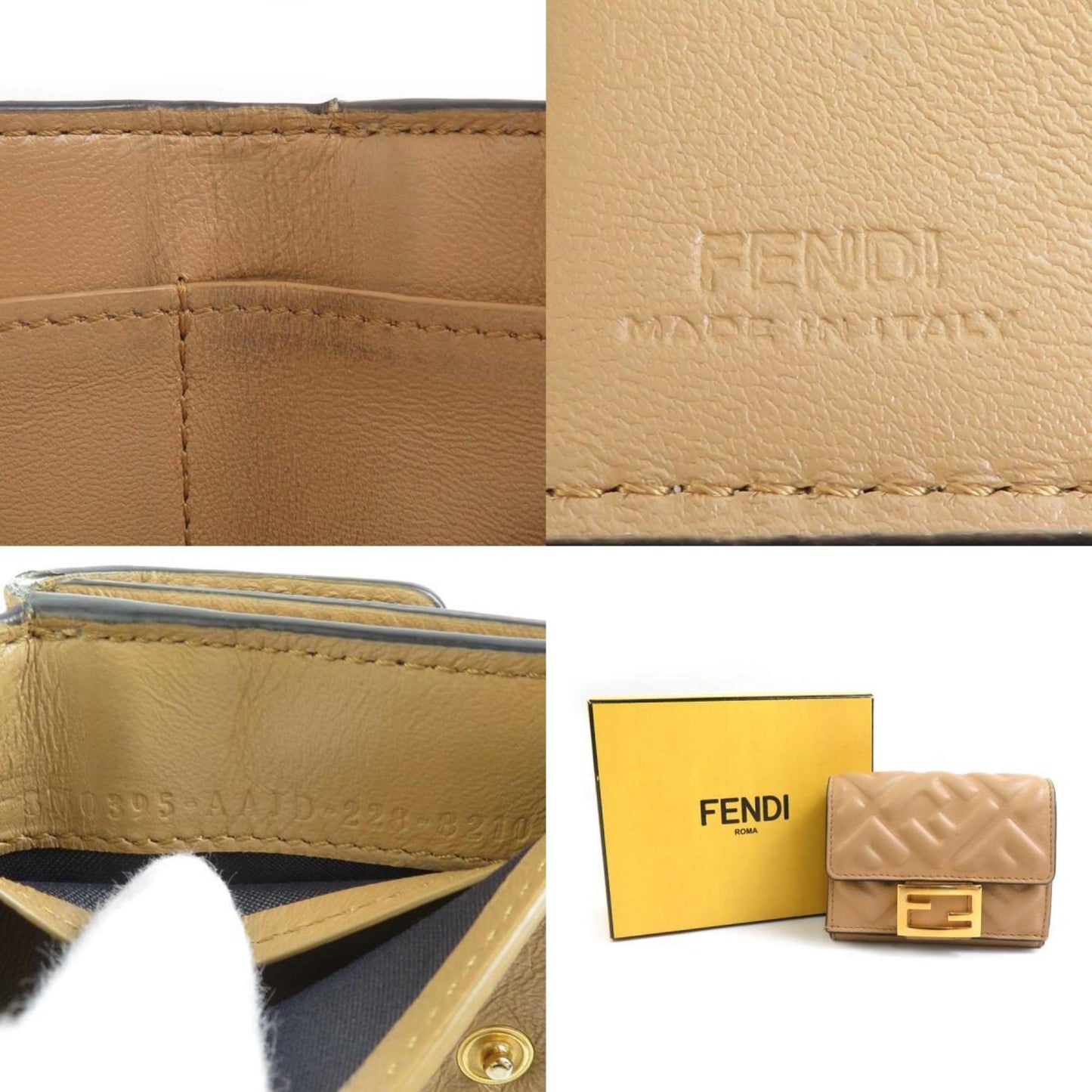 Fendi Tri-Fold Wallet Baguette Micro Leather Beige