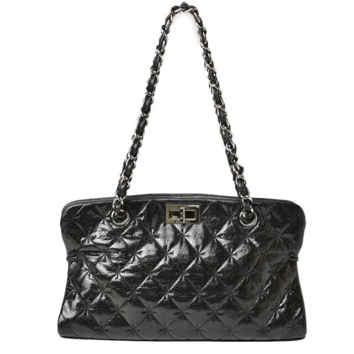 Chanel Tote Bag Chain Patent Leather Quilted Stitch Black