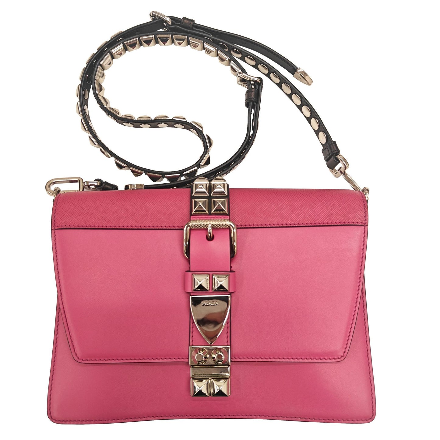 Prada Elektra 1Bd120 Electra Bag Studded Shoulder Crossbody Calf Leather Saffiano Pink Black