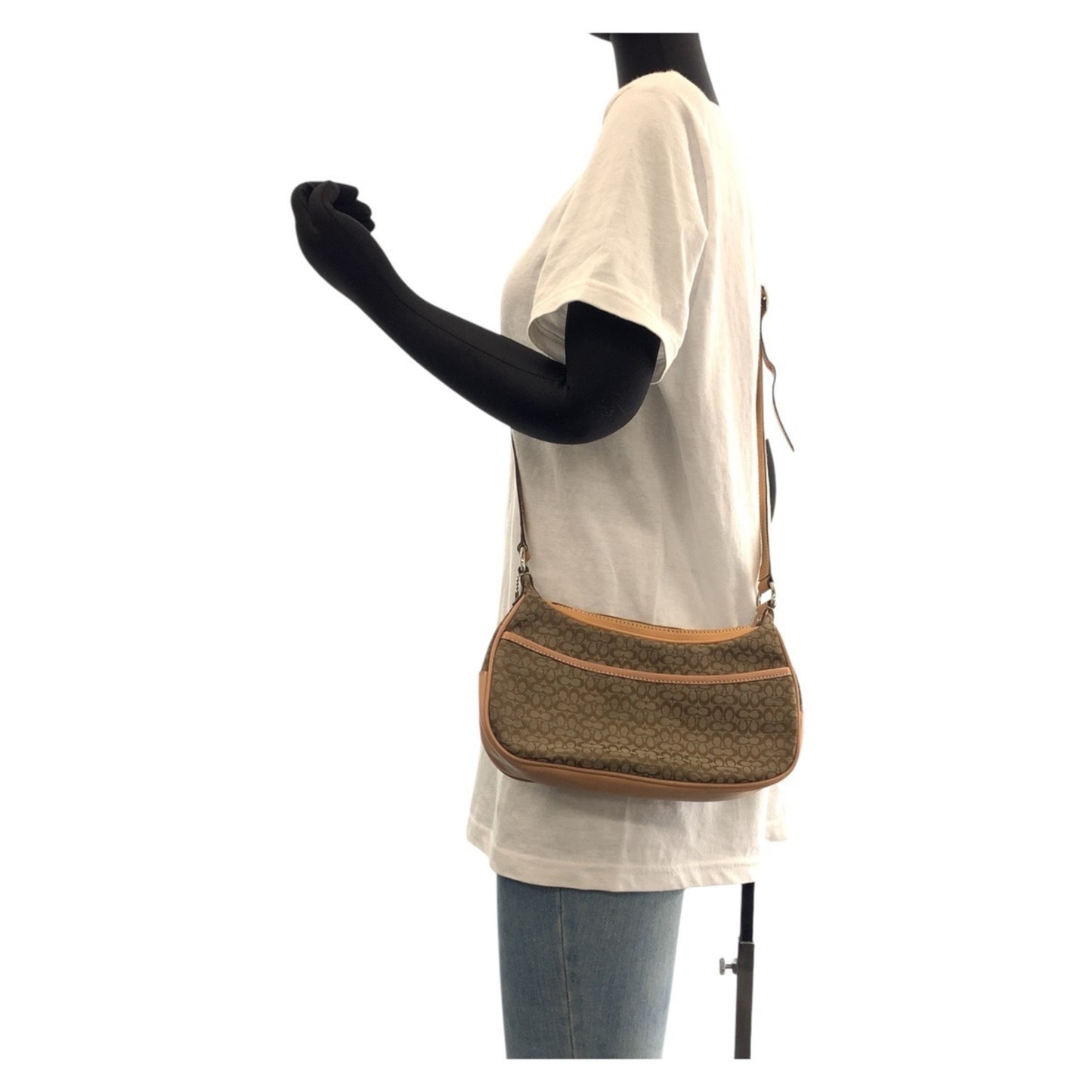 Coach Mini Signature Beige Silver Hardware Canvas Leather Shoulder Bag Pochette