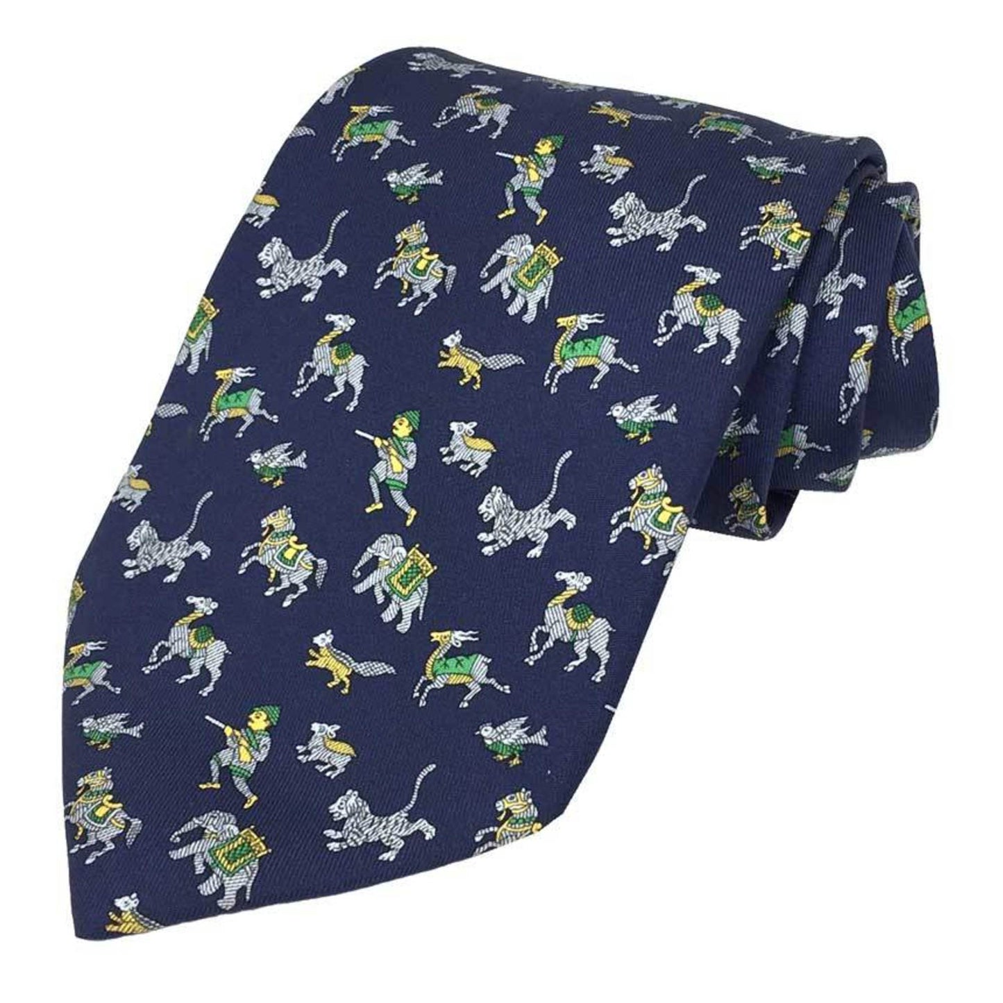 Hermes Hermes Tie Hunting Tiger Elephant 100% Silk Navy