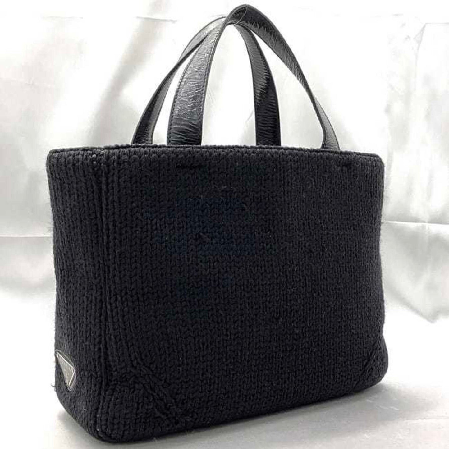 Prada Handbag Ec-22660 Black Nero Maglia Vitell B8387 Wool Leather 65 Prada Triangle Plate