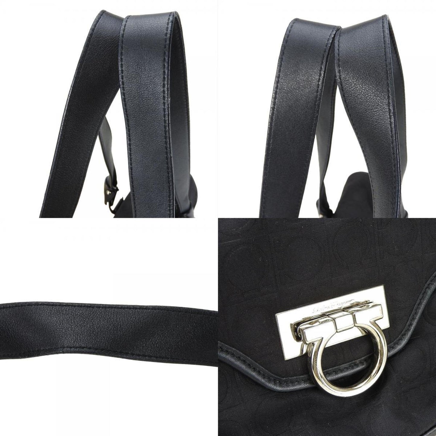 Salvatore Ferragamo Handbag Ex-21 4913 Gancini Canvas Leather Black Shoulder Bag