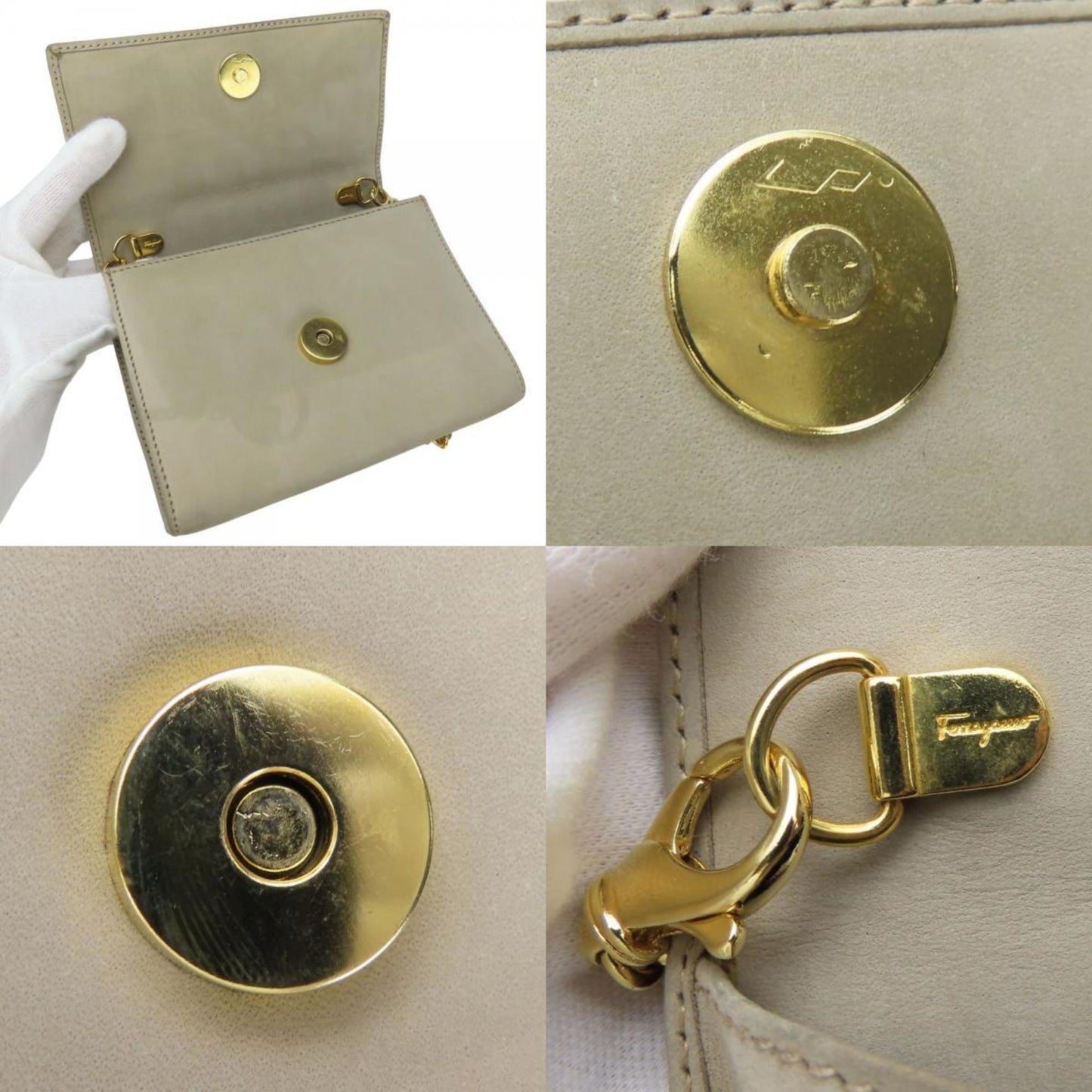 Salvatore Ferragamo Shoulder Bag Aq213202 Vara Ribbon Chain Mini Pochette Suede Greige Waist Pouch