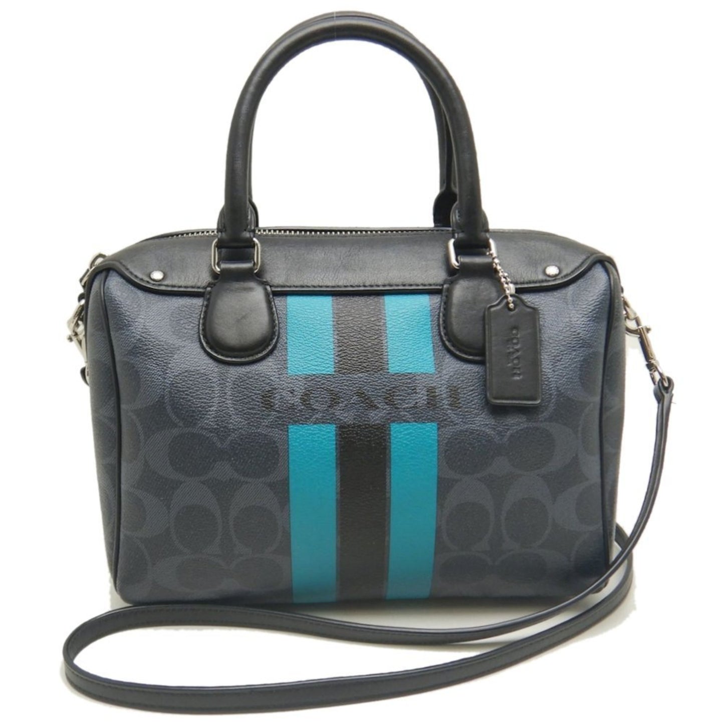 Coach Varsity Mini Bennett Satchel Signature Stripe F38401 Handbag In Black And Turquoise Leather