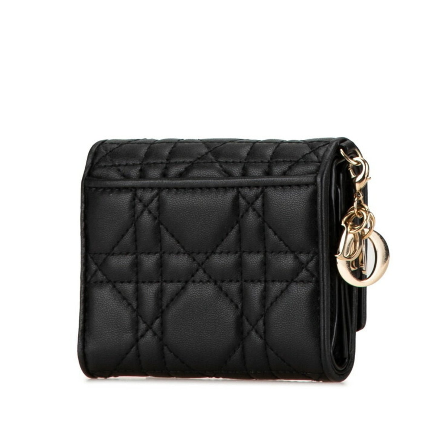 Christian Dior Dior Cannage Tri-Fold Wallet Compact Black Leather