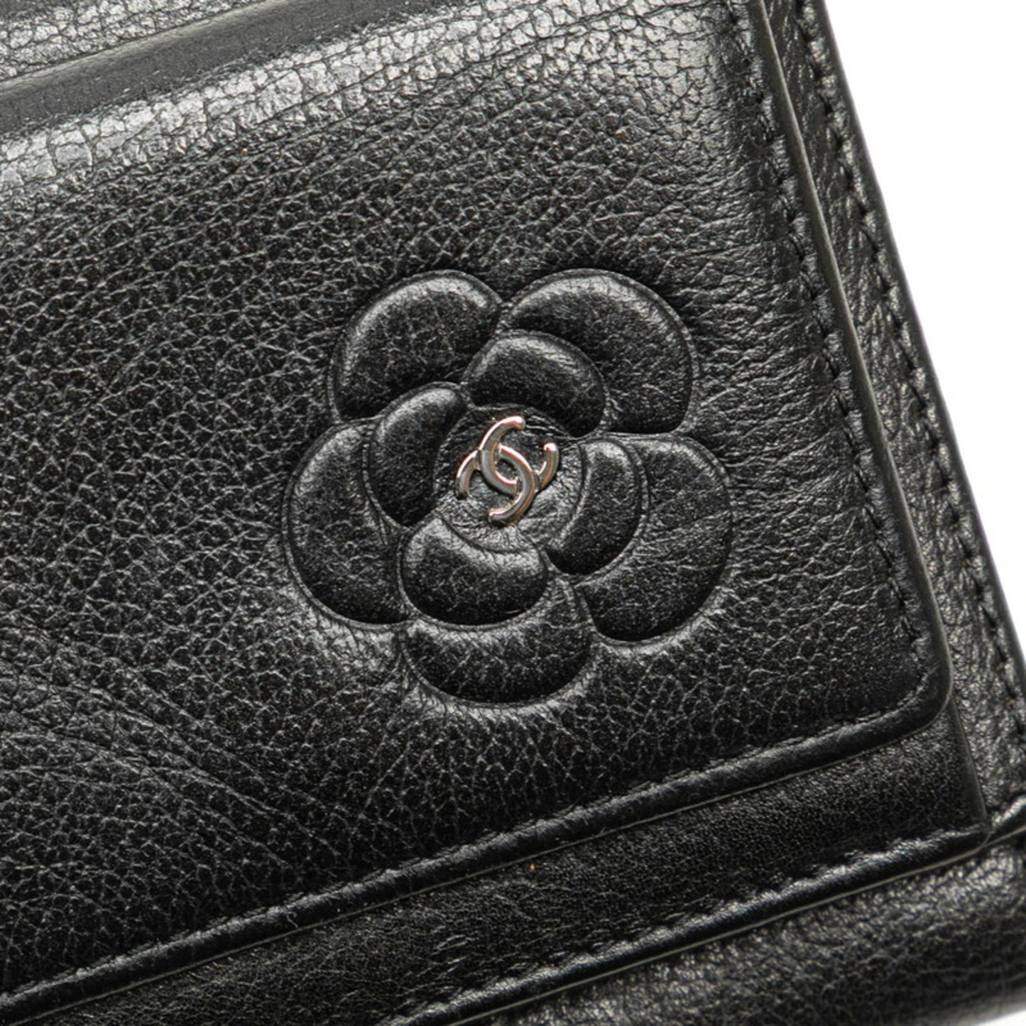 Chanel Camellia Coco Mark Tri-Fold Wallet Compact Black Lambskin