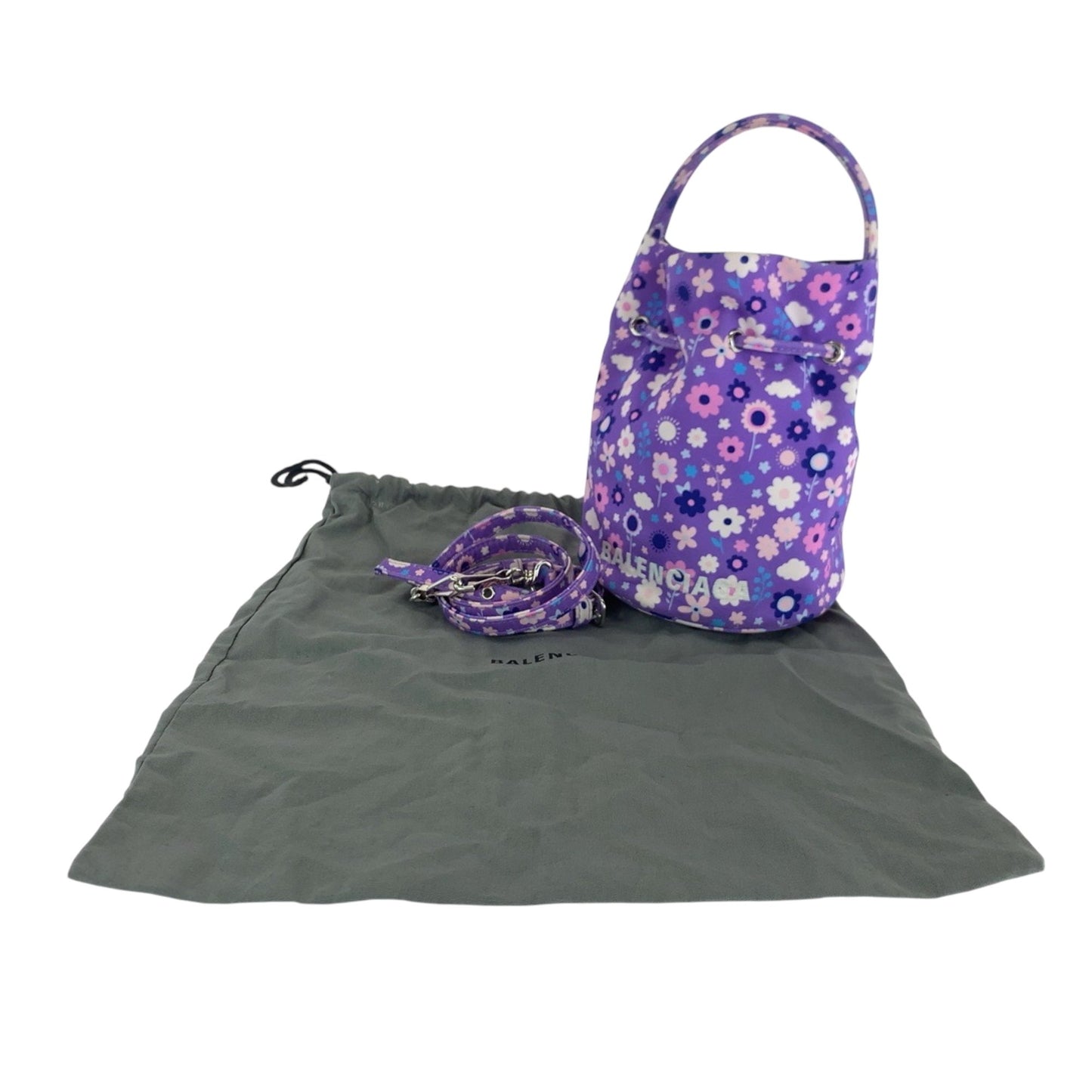 Balenciaga Drawstring Bucket Bag Flower Purple Multicolor Silver Hardware Ikat Nylon Canvas 656682