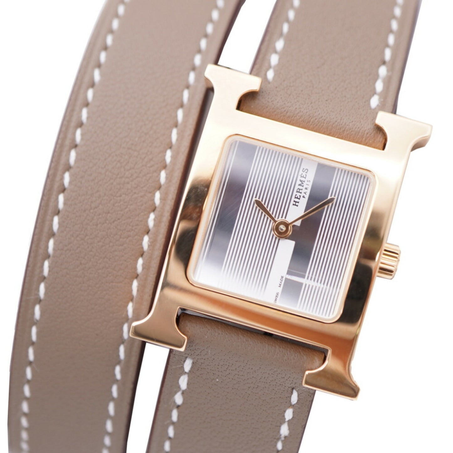 Like New Hermes H Watch Double Tour Hh1.202C Quartz Wristwatch Ss/Leather Silver U Stamp 1101Hermes