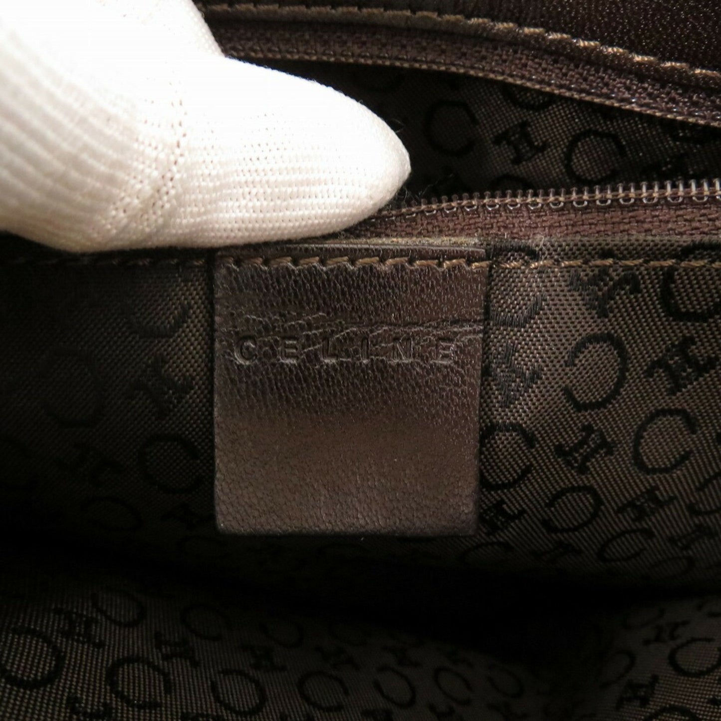 Celine Triomphe Chain Houndstooth Fabric Leather Beige Bag 0421Celine