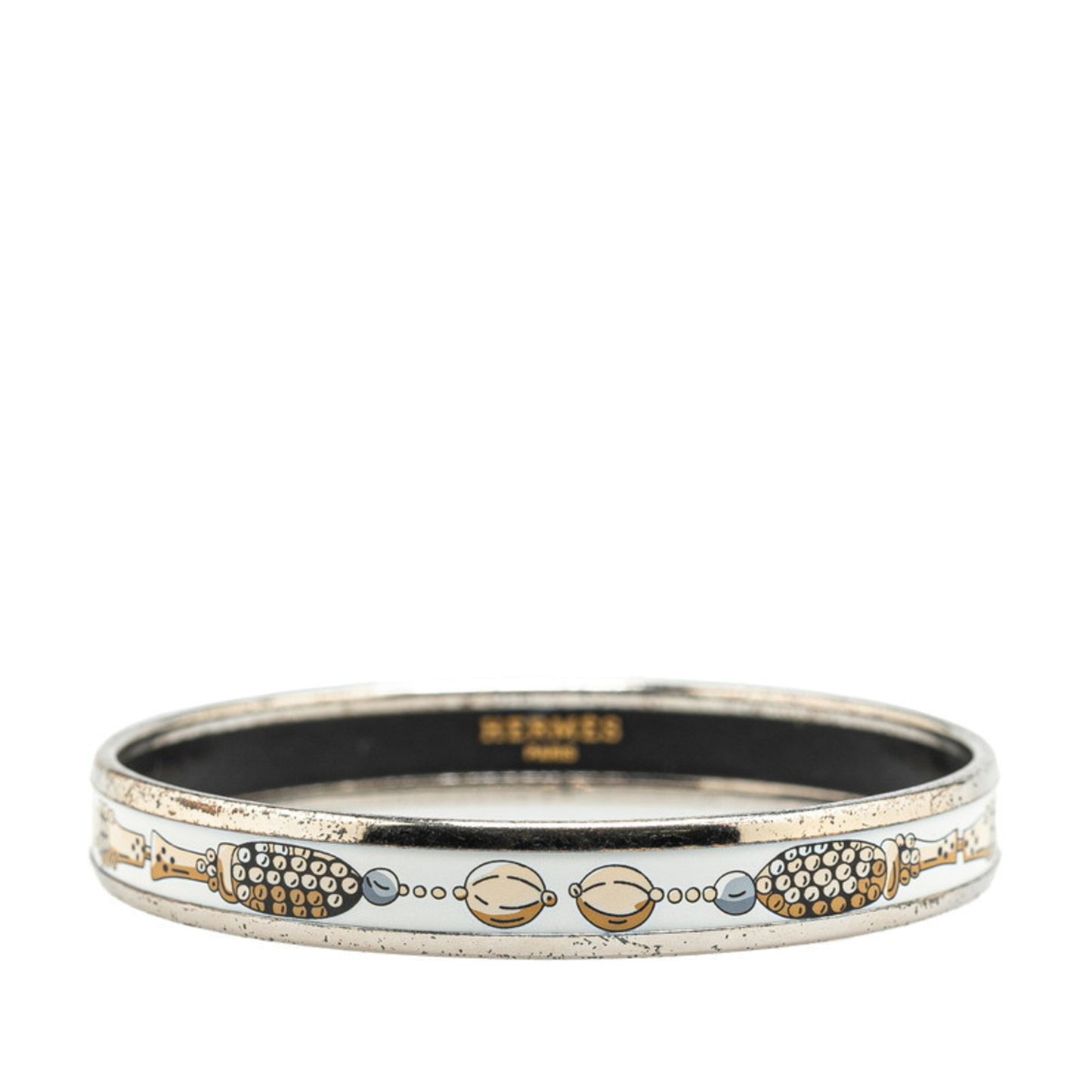Hermes Enamel Bangle Silver White Multicolor Metal
