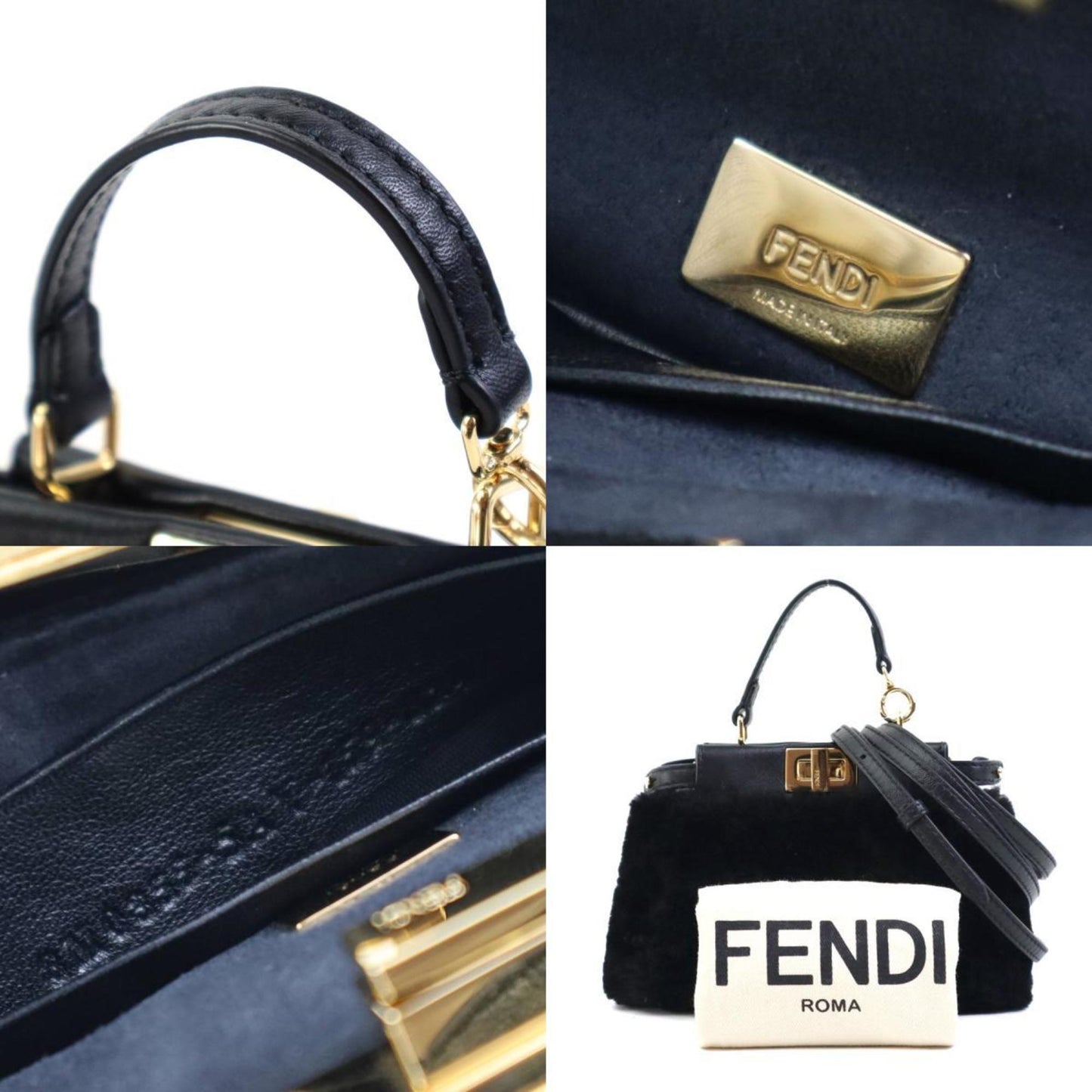 Fendi Shoulder Bag Handbag Micro Peekaboo Fur Leather Black Gold