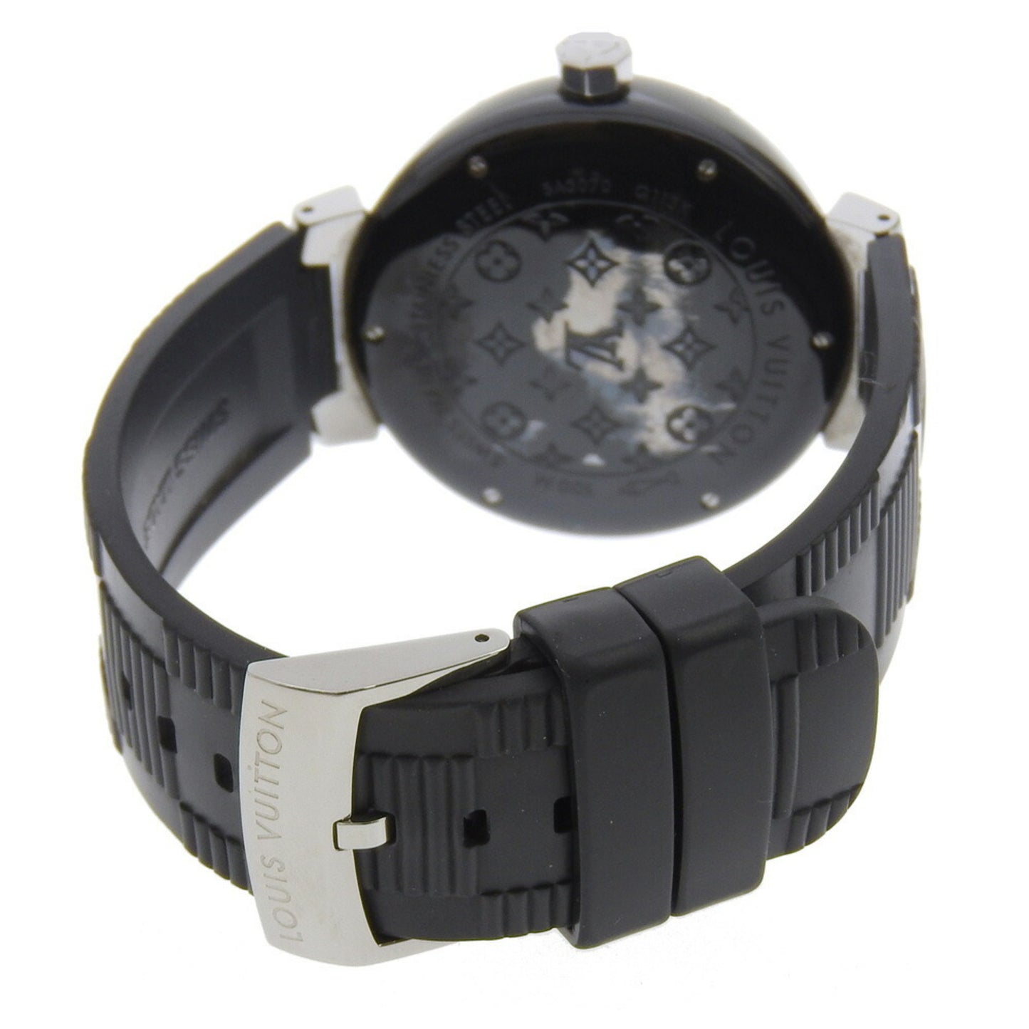 Louis Vuitton Tambour Gmt Watch Q113K Stainless Steel X Rubber Automatic Black Dial