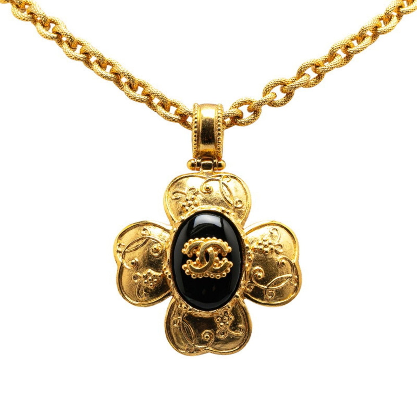 Chanel Coco Mark Gripoa Clover Motif Necklace Gold Black Plated