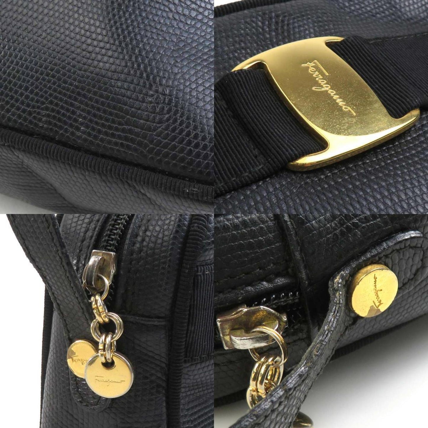 Salvatore Ferragamo Shoulder Bag Vara Embossed Leather Black Gold