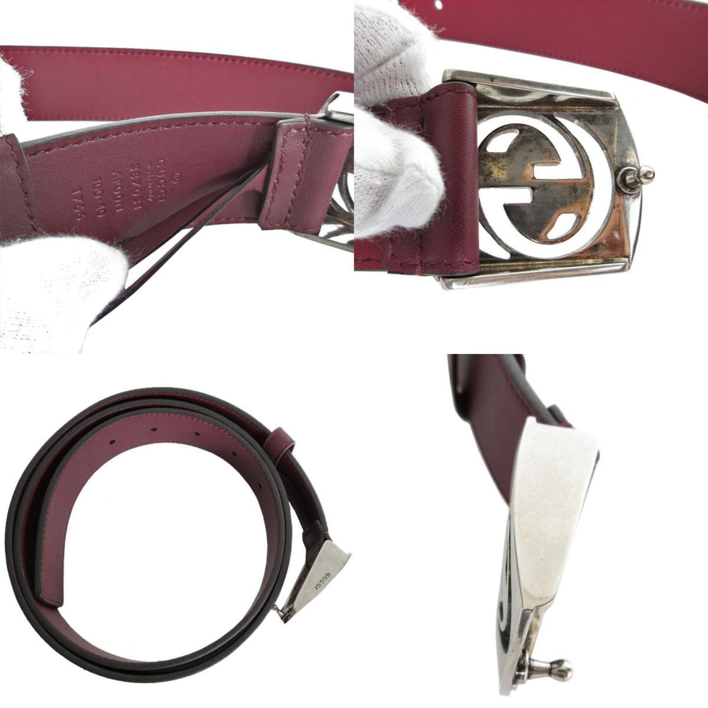 Gucci Belt Leather Metal Burgundy Silver