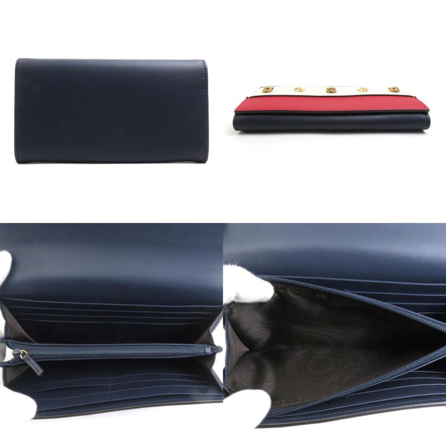 Gucci Bi-Fold Long Wallet Leather Navy/Off-White/Red Gold