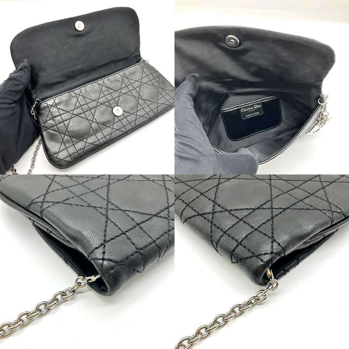 Christian Dior Chain Wallet Pouch Cannage Lambskin Black