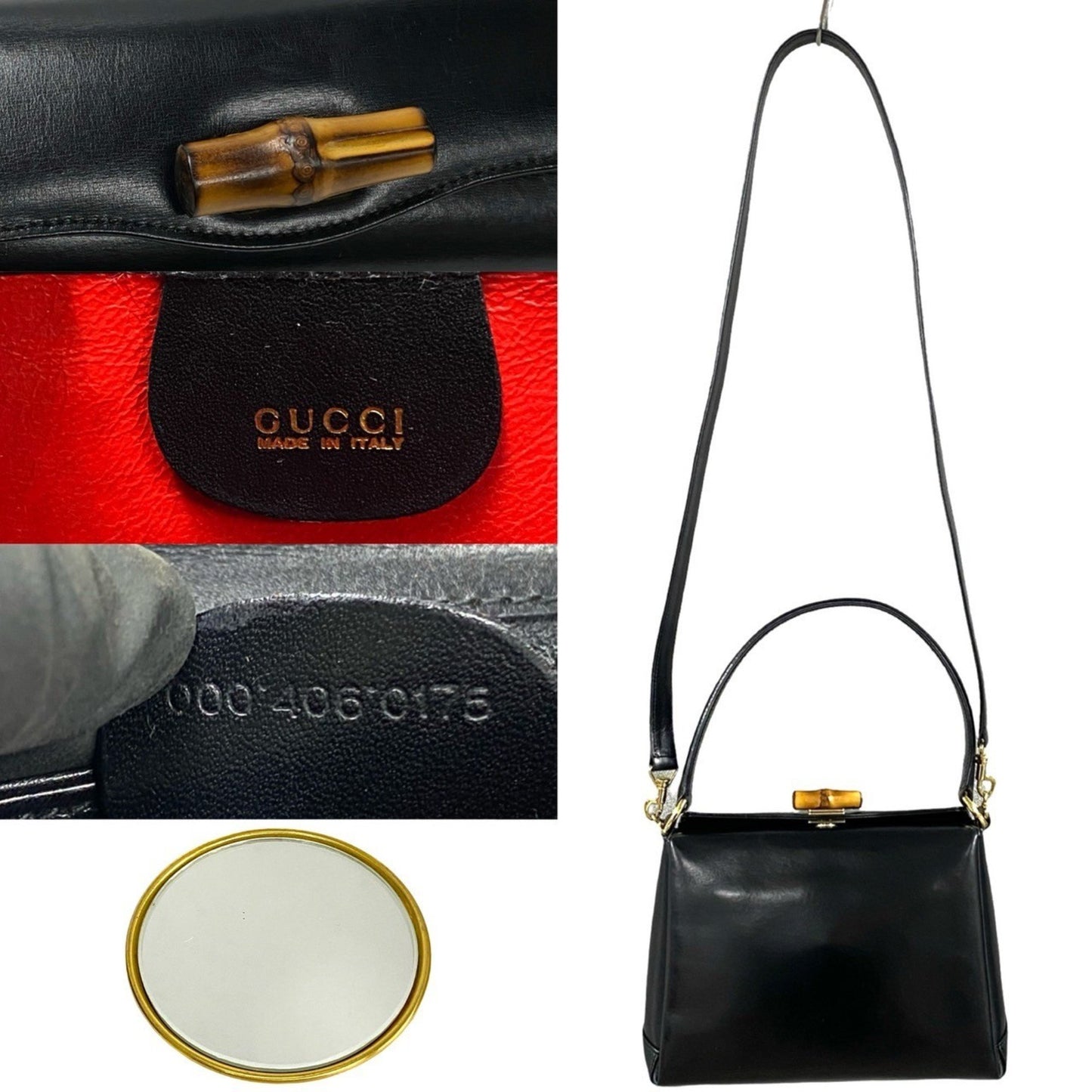 Gucci Old Gucci Vintage Bamboo Calf Leather 2-Way Handbag/Shoulder Bag Black 845-1