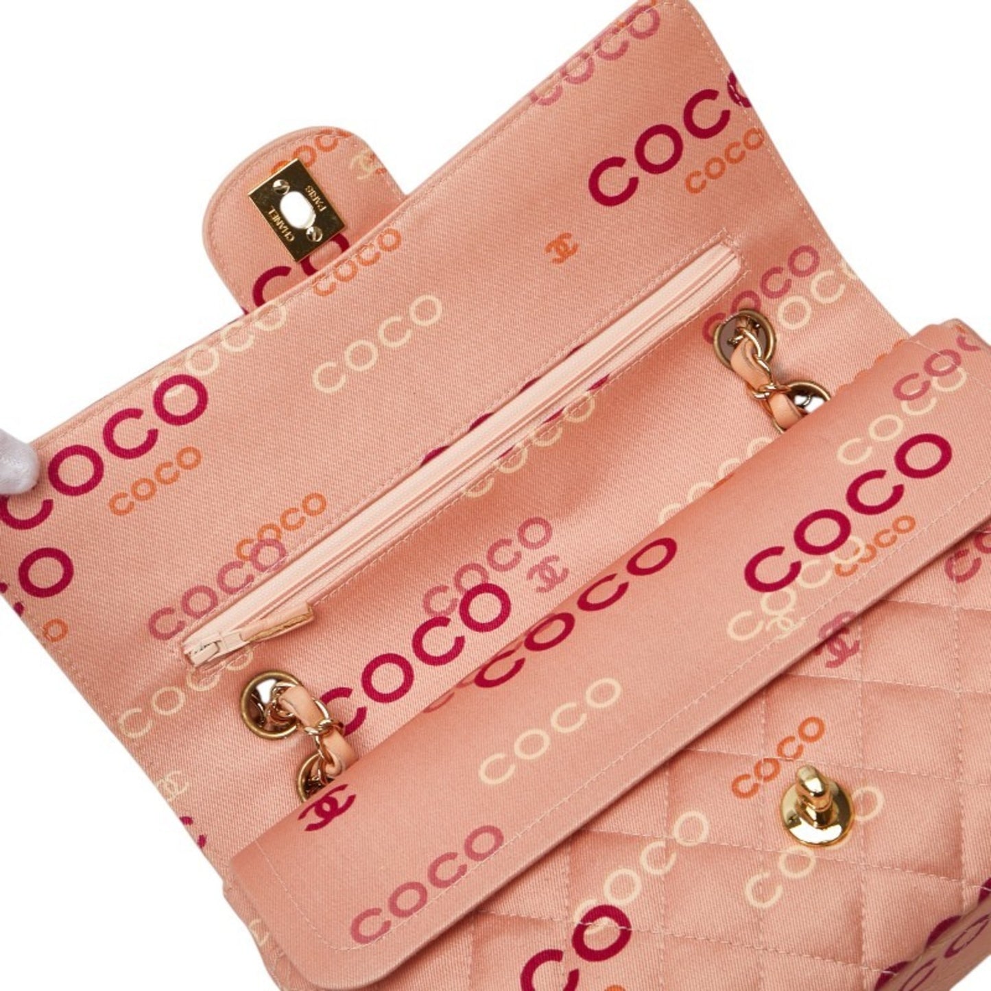Chanel Coco Mark Coco Print Double Flap Chain Shoulder Bag Salmon Pink Multicolor Canvas